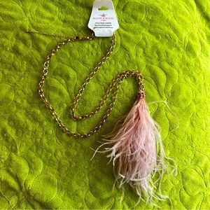 NWT Handmade Gold Tone Necklace with Blush Pink Feather Pendant